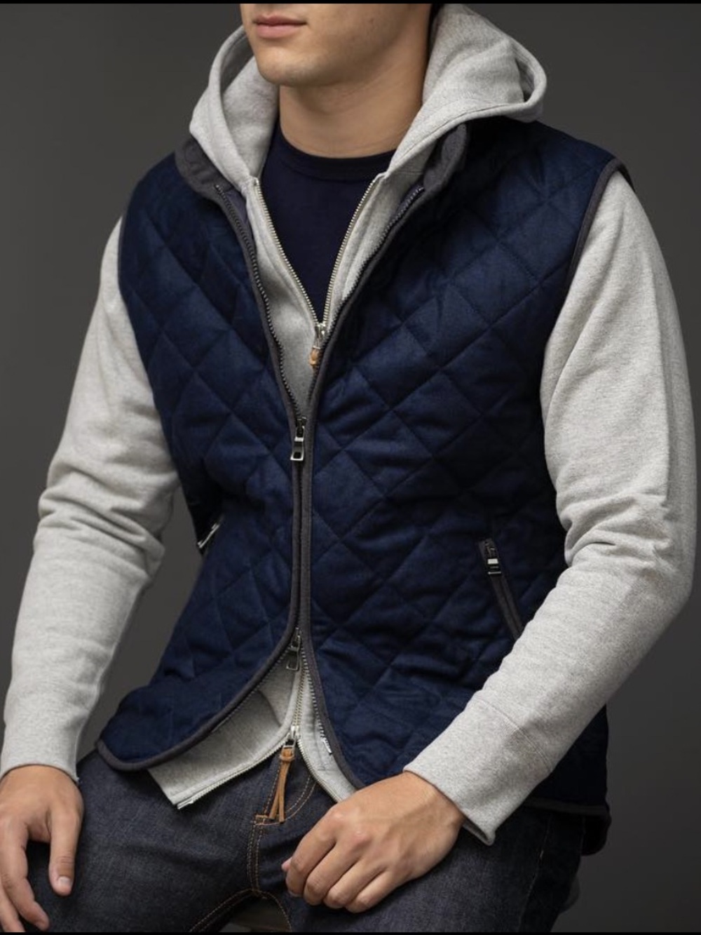 Waterville Italian Diamond Quilted Full Zip Men's Vest with Stand Collar - Navy - Picture 8 of 15